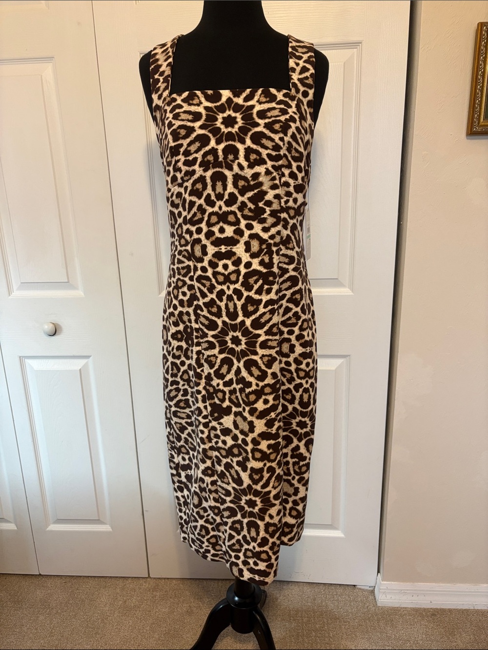 NWT DKNY Leopard Print Criss-Cross Back Midi Dress - Size 8